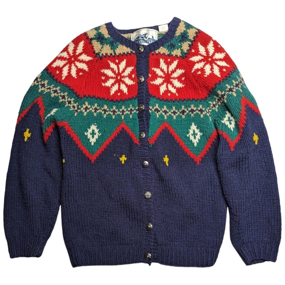 Vintage 90s Seychelle Blue Red Fair Isle Nordic Heavy Wool Hand Knit Cardigan M